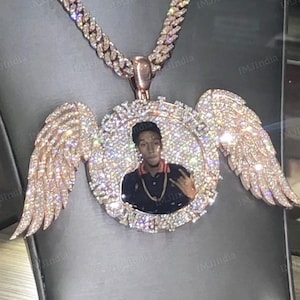 Photo Memory Pendant, Angel Wings Pendant, Custom Photo Pendant, VVS1 Moissanite Pendant, Iced Out Photo Pendant For Men