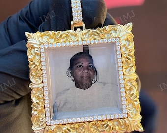 Pingente de imagem gelado, moissanite VVS1, pingente de memória personalizado, pingente de hip hop, prata 925, pingente de imagem personalizado, presente de aniversário para ele