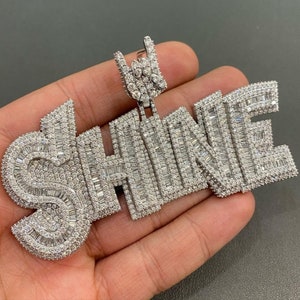 Custom &quot;SHINE&quot; Name Pendant, VVS1 Real Moissanite, Hip Hop Pendant, Iced Out Baguette Moissanite Pendant, Men&#39;s Charm Pendant, 925 Silver