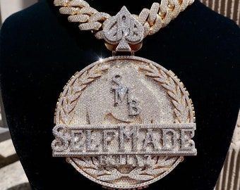 Iced &quot;SELFMADE&quot; Moissanite Pendant, Real Moissanite Mens Custom Logo Pendant, Custom Name Pendant For Him, Moissanite Hip Hop Jewelry