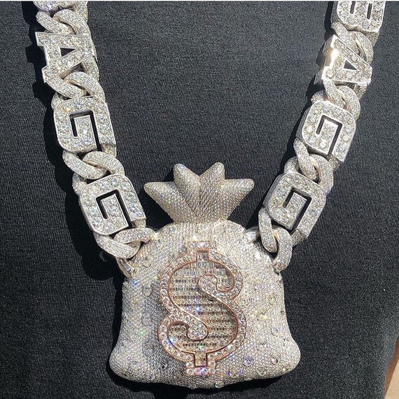Custom Dollar Bag Pendant With Chain, Fully Iced Out Ice Flooded Pendant,  VVS1 D GRA Certified Moissanites, Custom Dollar 925 Silver Pendant