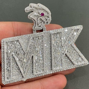 Colgante de letra "MK" personalizado, fianza personalizada, colgante de hip hop personalizado, colgante de moissanita baguette de color VVS1 D, probador de diamantes de paso, plata 925