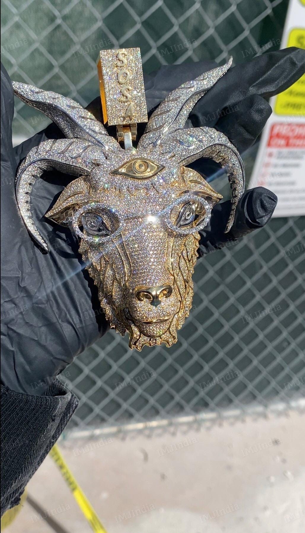 3D Goat Animal Pendant, Iced Out Goat Pendant, Fully Iced Out Custom Pendant, VVS1 Moissanite, 925 Sterling Silver, Passes Diamond Tester