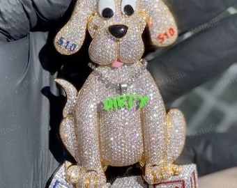 Colgante de dibujos animados de perro en 3D, colgante de dibujos animados de esmalte helado, colgante totalmente personalizado, moissanita VVS1, plata de ley 925, pasa el probador de diamantes