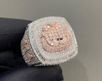 Iced Out Logo Ring, Two Tone Hip Hop Ring For Him, Championship Ring for Men, Custom Number/Logo/ Name Ring in GRA Certified Moissanites