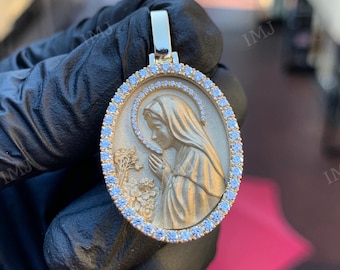 Customized Virgin Mary Pendant, VVS1 D Color GRA Certified Moissanite, Oval Shape Medallion Pendant, Hip Hop Pendant, Custom Charm Pendant