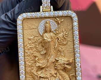 Guan Yin Anhänger, Buddha Anhänger, Atemberaubende Göttin der Barmherzigkeit Bodhisattva Halskette, VVS Moissanit, Hip Hop Anhänger, 925 Sterling Silber