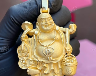 Colgante de Buda sonriente en 3D, colgante de Buda feliz, estatua de Buda sonriente en oro amarillo de 14 kt, colgante con dije, joyería personalizada, plata 925