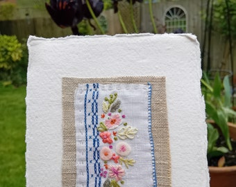 Pretty floral handmade,  embroidered textile art postcard