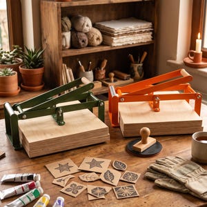 May include: Two bookbinding presses, one in olive green and one in bright orange, sit on a wooden table. Each press features a metal frame and a wooden base. Nearby are five paint tubes, several small cardboard squares with printed designs, a stamp, and a pair of work gloves.