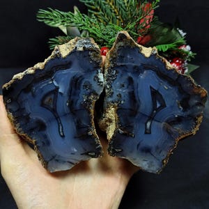 Blue and Black Banded Thunderegg Agate, Thunderegg Achat, Cut and Polished Turkish Agate Pair,  Raw and Rough Mineral Specimen.