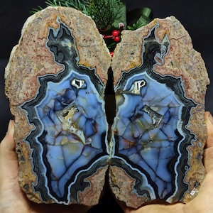 XL Blue and Crystal Banded Thunderegg Agate, Thunderegg Achat, Cut and Polished Turkish Agate Pair,  Raw and Rough Mineral Specimen.