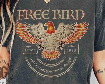 Chemise oiseau gratuite, T-shirt de groupe aux couleurs confortables, T-shirt de groupe de la vieille école, Chemise de musique rétro, T-shirt de groupe de rock, Chemises tendance surdimensionnées