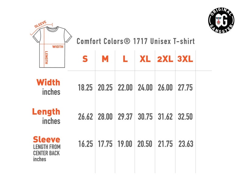 Puede incluir: Tabla de tallas para una camiseta unisex en tallas S a 3XL. La tabla muestra el ancho, la longitud y la longitud de la manga en pulgadas.