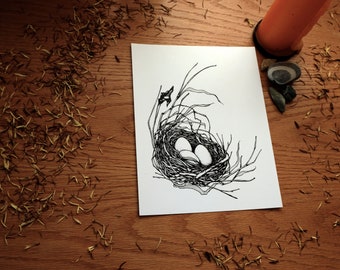 Full House Art Print | Home Decor | Wall Art | Bird's Nest | Nature Art | Natural | Eggs | Illustration | Bird | Pen Drawing | Monochrome