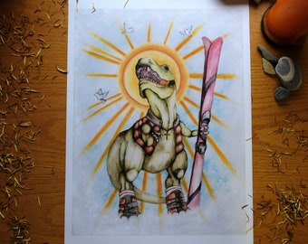 Ski Rex Art Print | Alternative Aesthetic | Home Decor | Wall Art | Dinosaur Sports | Unique | T-Rex | Skiing | Watercolour | Mixed Media