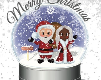 White Santa & Black/African American Mrs Claus Snow Globe Christmas Card