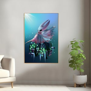 K&ouml;nnte beinhalten: Eine digitale Illustration eines blassrosa und wei&szlig;en Wesens mit einem langen, flie&szlig;enden Umhang, das auf einer kleinen Insel mit gr&uuml;nen Pflanzen und blauem Wasser steht. Das Wesen hat einen gro&szlig;en, wei&szlig;en Kopf mit einer schwarzen Maske und einen langen, d&uuml;nnen K&ouml;rper. Der Hintergrund ist ein hellblauer Himmel mit wei&szlig;en Wolken.