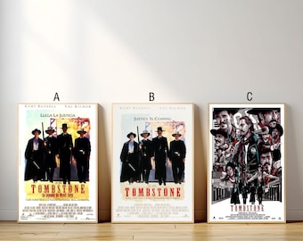 May include: Three movie posters for the film "Tombstone" featuring Kurt Russell and Val Kilmer. The posters are in different languages: Spanish, English, and a stylized design.