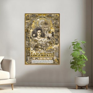 May include: A gold and black poster with a detailed illustration of the characters from the movie Labyrinth. The poster features a clock, a labyrinth, and the words "Labyrinth" in a bold font.