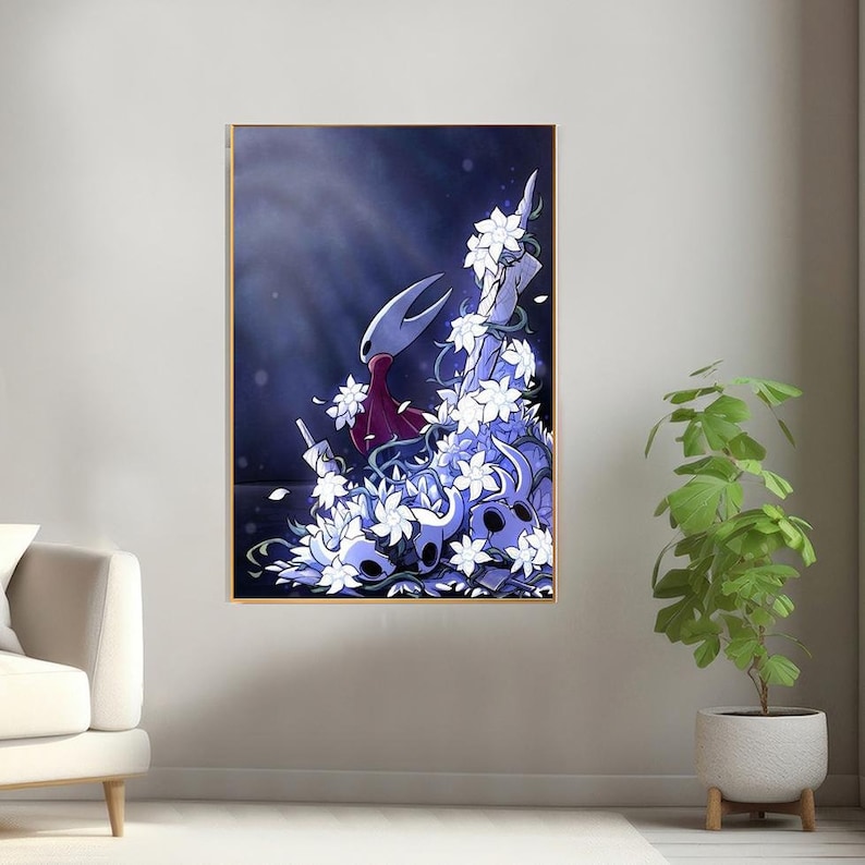 K&ouml;nnte beinhalten: Eine digitale Illustration einer Figur aus dem Videospiel Hollow Knight, die auf einem Haufen wei&szlig;er Blumen und Sch&auml;deln steht. Die Figur tr&auml;gt einen roten Umhang und eine wei&szlig;e Maske. Der Hintergrund ist dunkelblau mit wei&szlig;en Sternen.