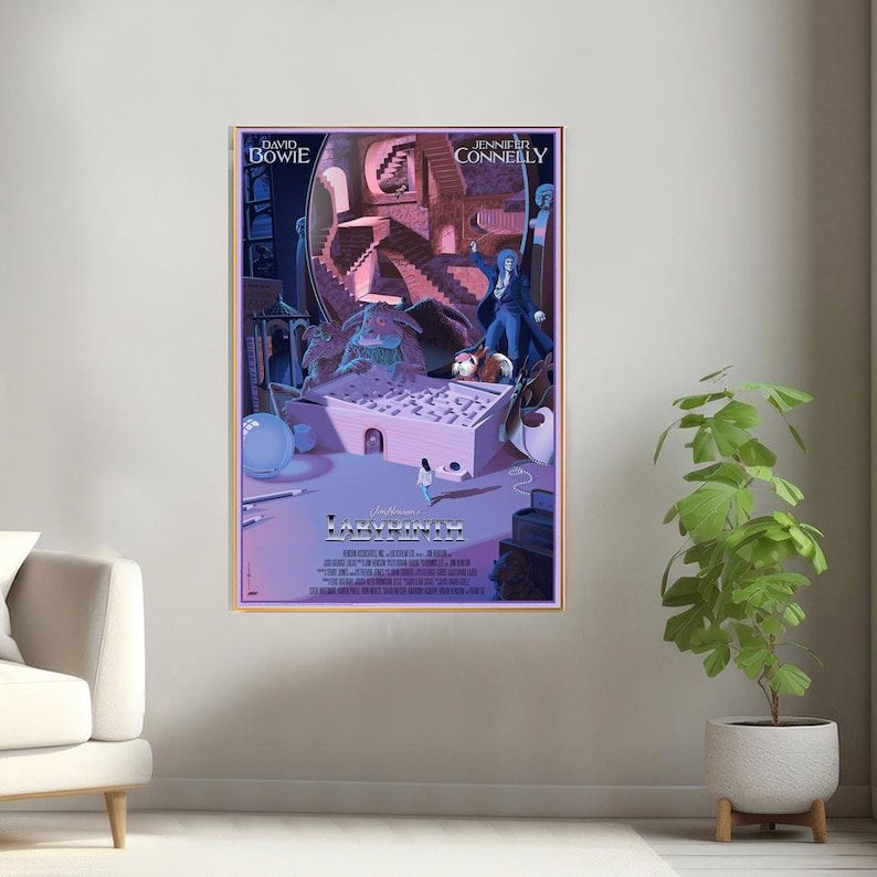 May include: A purple and blue poster for the movie Labyrinth, featuring David Bowie and Jennifer Connelly. The poster depicts a labyrinthine structure with a goblin-like creature and a young girl walking through it. The title "Labyrinth" is written in a silver font.