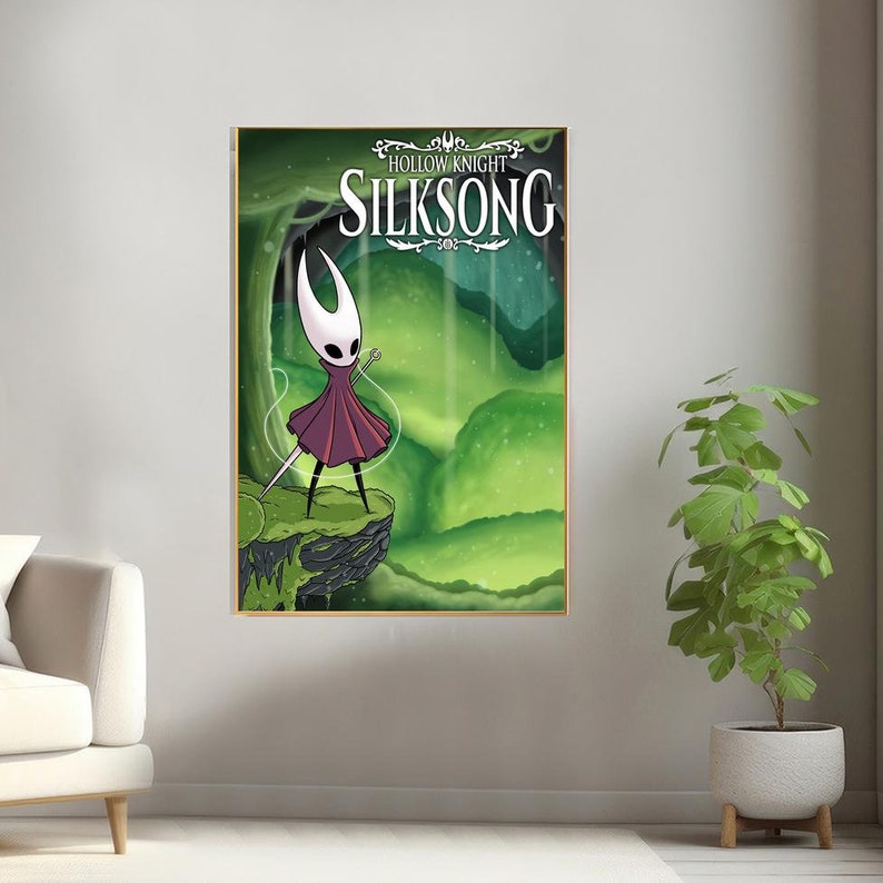 K&ouml;nnte beinhalten: Eine digitale Illustration einer Figur aus dem Videospiel Hollow Knight: Silksong. Die Figur ist ein wei&szlig;er und lila Ritter mit einem langen, flie&szlig;enden Umhang. Der Hintergrund ist ein gr&uuml;ner und blauer Wald.