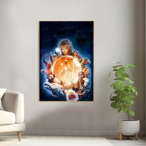 May include: A colorful poster featuring characters from the movie Labyrinth. The poster features a group of characters, including a man with long, curly hair, a woman in a white dress, and a variety of creatures. The poster is set against a dark blue background with stars.