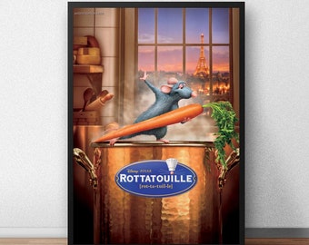May include: A poster for the Disney Pixar movie Ratatouille. A cartoon rat is standing on the rim of a large copper pot, holding a carrot in its front paws. The rat is wearing a chef's hat. The background shows a window with a view of the Eiffel Tower in Paris. The title of the movie is written in large letters below the rat.