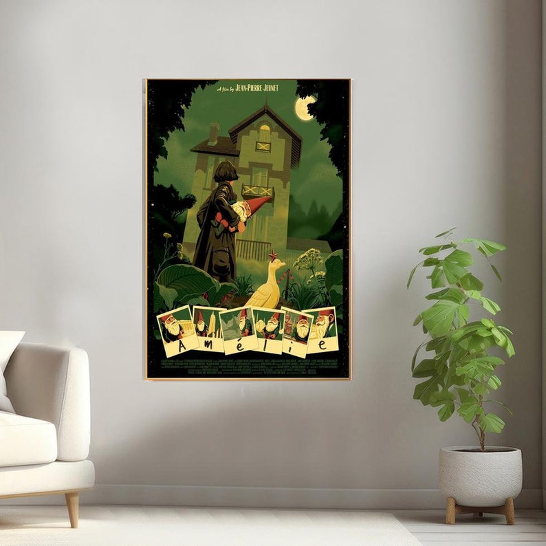 May include: A green and brown poster with a movie title "Am&eacute;lie" in white letters. The poster features a young woman in a dark coat holding a small gnome, a white goose, and a house in the background.