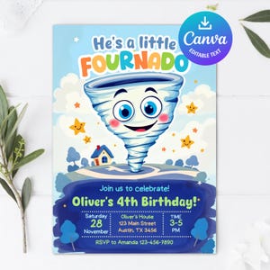 Tornado Birthday Party Invitation, Twist on over Storm Warning, Fournado Birthday Invitation, Storm Chaser Birthday, Editable Template