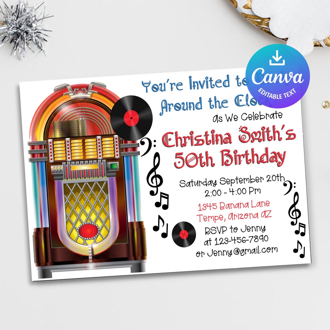 JUKEBOX Rock & Roll Invitation, Rock N Roll Birthday Party, Music ...