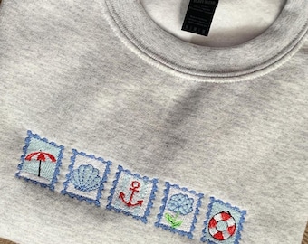 Coastal Beach Stamps Embroidered Grey or White Crewneck Sweatshirt with New England Summer Inspired Design - Coastal Aesthetic