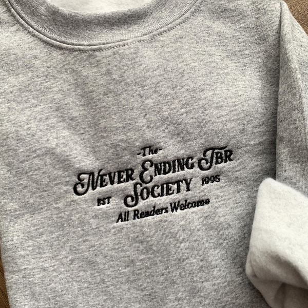 Bookish Grey Embroidered Crewneck Sweatshirt: TBR List Design