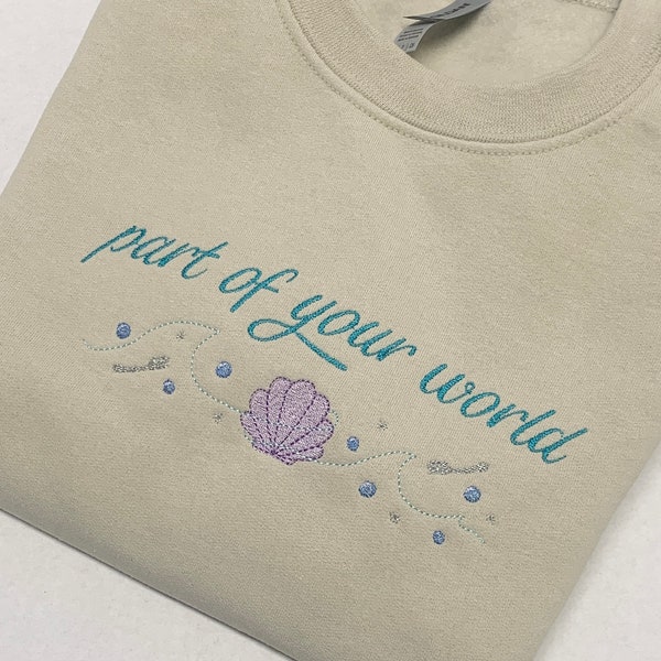 Princess Inspired Sweatshirt Embroidered with Ariel Inspired Quote and Motif - 'part of your world'