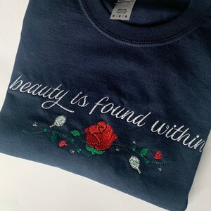 Princess Inspired Embroidered T-Shirt with Belle Inspired Quote and Motif - 'beauty is found within'