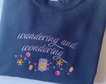 Embroidered Princess Sweatshirt: &#39;Wandering and Wondering&#39; Navy Crewneck