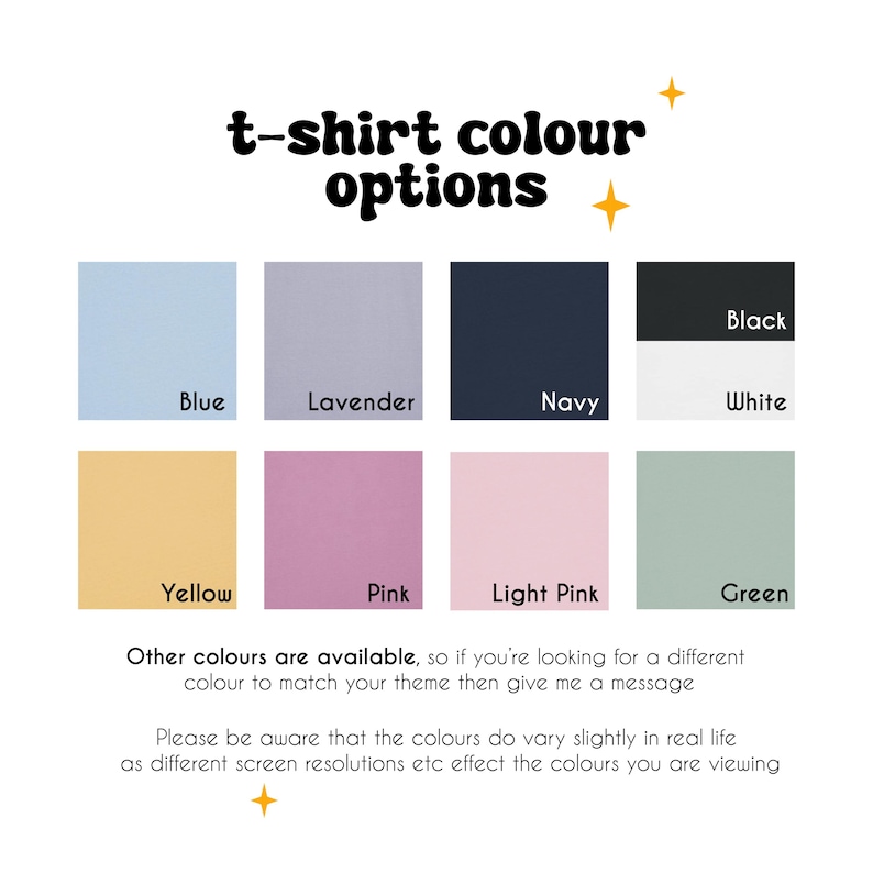 Puede incluir: Imagen que muestra opciones de color de camiseta: azul, lavanda, marino, negro, blanco, amarillo, rosa, rosa claro y verde. El texto indica que hay otros colores disponibles y que los colores pueden variar ligeramente.
