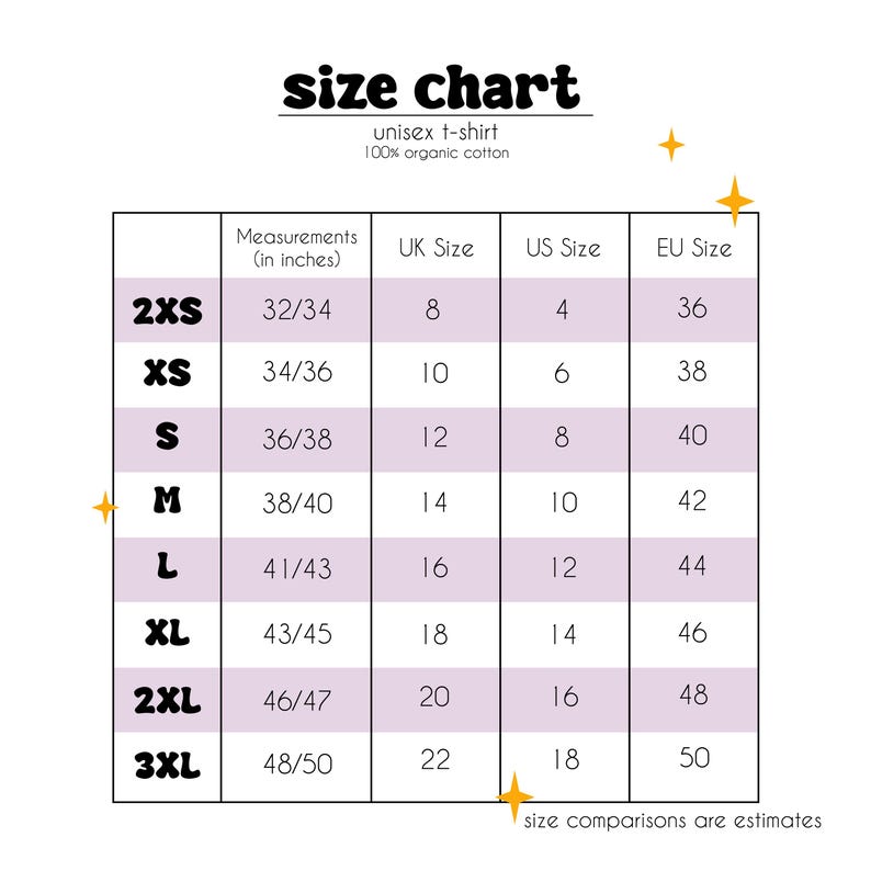 Puede incluir: Una tabla de tallas para una camiseta unisex de algod&oacute;n 100% org&aacute;nico. La tabla incluye medidas en cent&iacute;metros, tallas del Reino Unido, EE. UU. y la UE, que van desde 2XS hasta 3XL. La tabla es blanca con un borde morado.