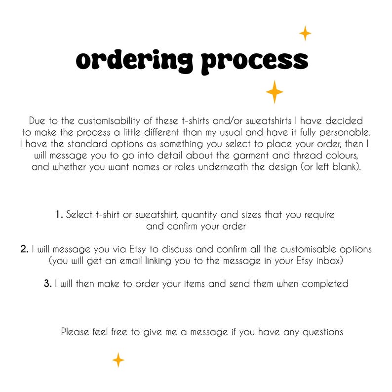 Puede incluir: Fondo blanco con el texto "ordering process" en negrita negra. El texto explica los pasos para pedir camisetas y sudaderas personalizables, incluyendo la selecci&oacute;n del art&iacute;culo, la discusi&oacute;n de opciones a trav&eacute;s de Etsy y la ejecuci&oacute;n del pedido.