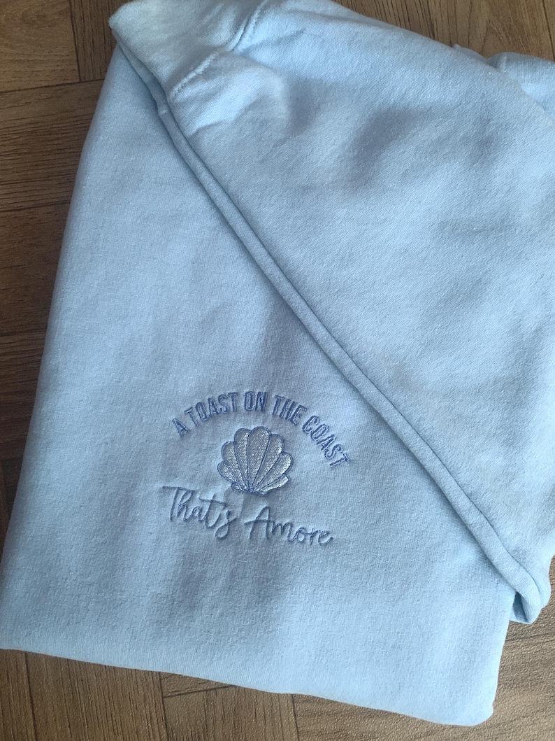 Puede incluir: Sudadera azul claro con texto bordado y dise&ntilde;o de concha. El texto dice "A Toast on the Coast" encima de "That's Amore". La sudadera est&aacute; doblada, mostrando la manga y la capucha.