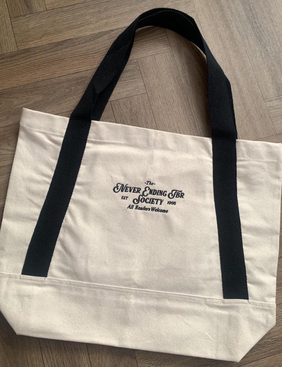 Embroidered Recycled Cotton Canvas Tote Bag with Contrast Black Straps - Bookish TBR List Design