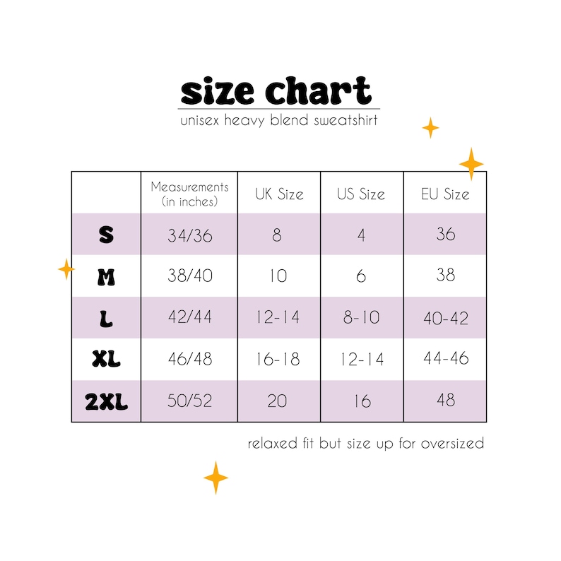 Puede incluir: Una tabla de tallas para una sudadera unisex de mezcla pesada. La tabla incluye medidas en pulgadas, tallas del Reino Unido, tallas de EE. UU. y tallas de la UE, que van de la S a la 2XL. Tambi&eacute;n se incluye el texto "corte holgado pero talla m&aacute;s grande para oversize".