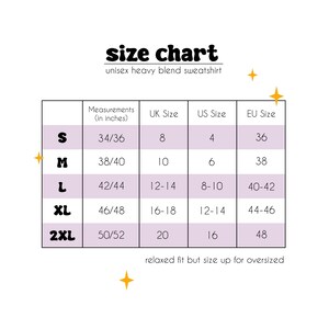 Op de afbeelding: Maattabel voor een unisex zwaar blend sweatshirt. De tabel toont de maten in inches, UK, US en EU maten. De maten vari&euml;ren van S tot 2XL.
