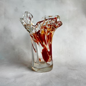 Mid Century Art Glass Vase | Vintage Murano Style Amber Orange Swirl | Hand Blown Retro Home Decor | Estonian Glass Tarbeklaas Era