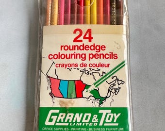 Vintage Grand & Toy kleurpotloden, set van 24, ongebruikt, gemaakt in Canada, ontwerp met ronde randen, retro-kunstbenodigdheden
