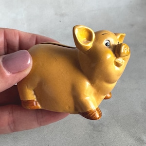 Può includere: Un salvadanaio in ceramica marrone chiaro con dettagli marrone scuro sulle orecchie e sugli zoccoli. Il salvadanaio ha una fessura per le monete sul retro e un volto sorridente.