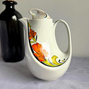 Dulevo Porcelain Coffee Pot, Soviet USSR Lusterware Teapot, Orange Floral Mid-Century Design, 1960s 1970s