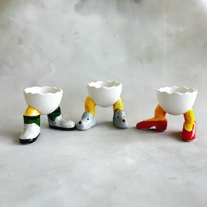 Vintage Ceramic Egg Cup Set with Legs | Funny Hand-Painted Pottery Egg Holders | Humorous Breakfast Decor | Quirky Kitchen Gift