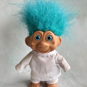 Vintage 1991 Troll Doll with Blue Hair and White Outfit, Nostalgic Collectible Toy, Retro Troll Figurine, 90s Gift for Kids or Collectors